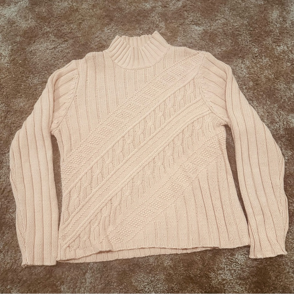 Vintage Izod Womens Cable Knit Sweater Mock Neck Salmon Pink Size XL Nautical